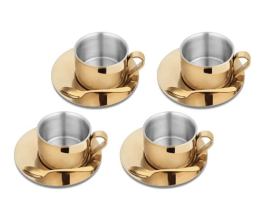 Shri & Sam Stainless Steel with Gold PVD Coating 4 Pieces First Impression Double Wall Cup and Saucer Set